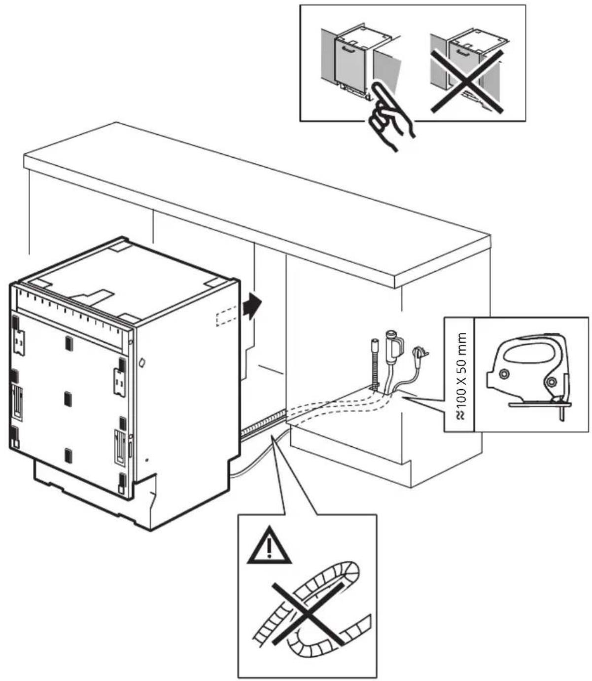Technical diagram showing installation of a server rack with warning symbols and safety instructions