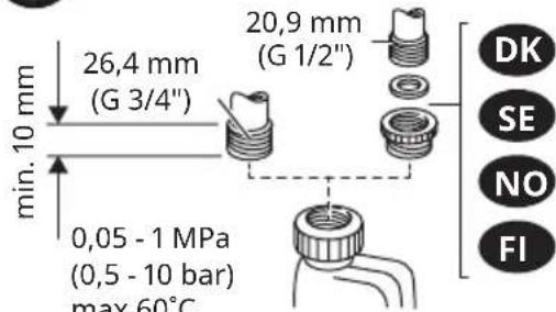 min. 10 mm 26,4 mm (G 3/4") 20,9 mm (G 1/2") 0,05 - 1 MPa (0,5 - 10 bar) max 60°C DK SE NO FI