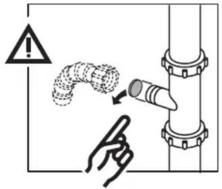 Safety warning diagram showing a pipe knot being inserted into a pipe with a hand gesture, accompanied by an exclamation mark.