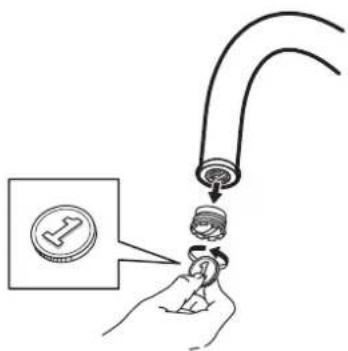 Diagram showing a hand holding a device with a magnified view of a coin labeled '1' pointing to it, likely illustrating a mechanical or electrical process.