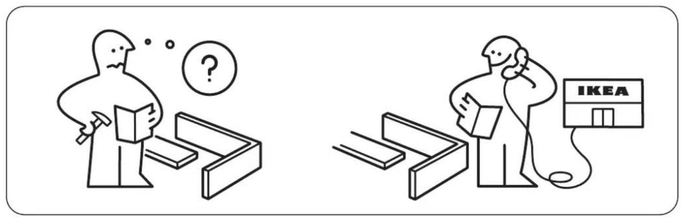 Illustration comparing two scenes: one showing a person examining documents with a question mark, the other showing a person holding a book next to an IKEA store.