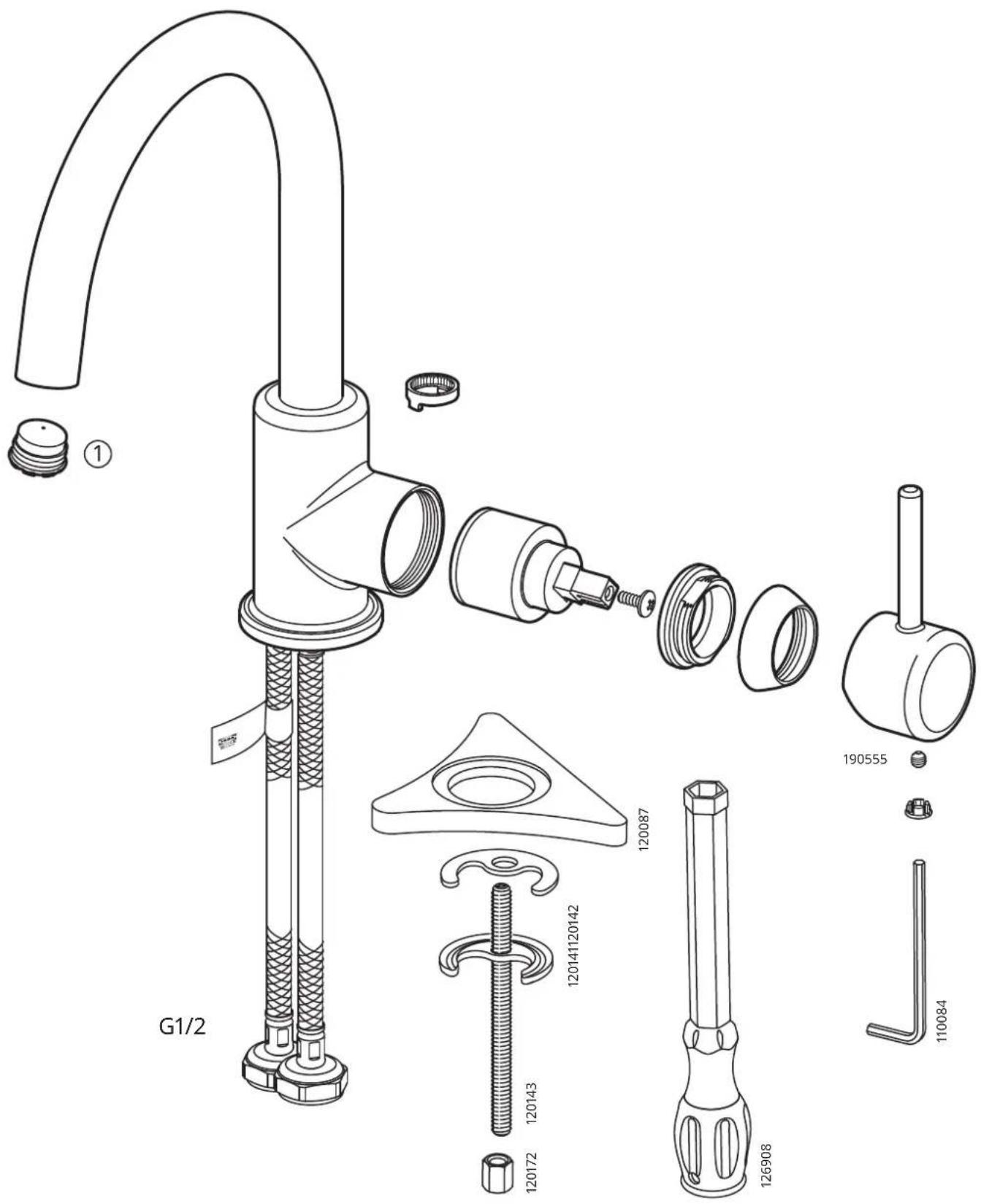 Technical diagram of a hairless tool assembly with labeled parts and part numbers