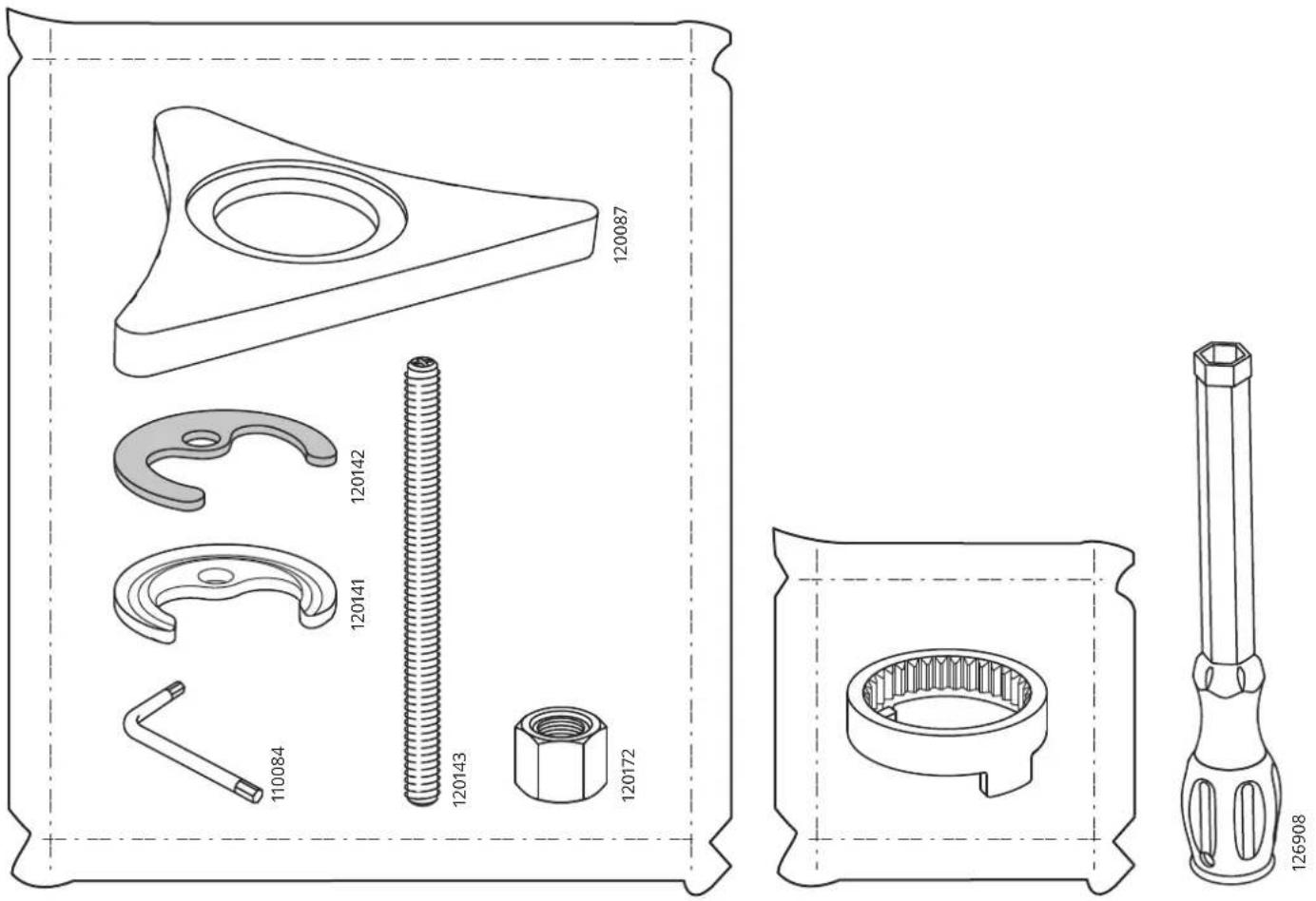 Technical diagram of mechanical parts with numbered labels, including a triangular component and various threaded and fastener designs.