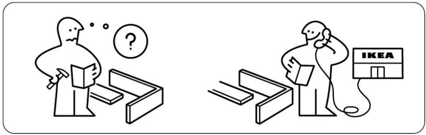 Illustration comparing two scenes: one showing a person with a hammer and question mark, the other showing a person holding a phone connected to an IKEA store.