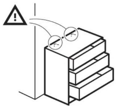 Diagram showing a warning sign with arrows pointing to a stack of three stacked boxes, indicating safety or hazard.