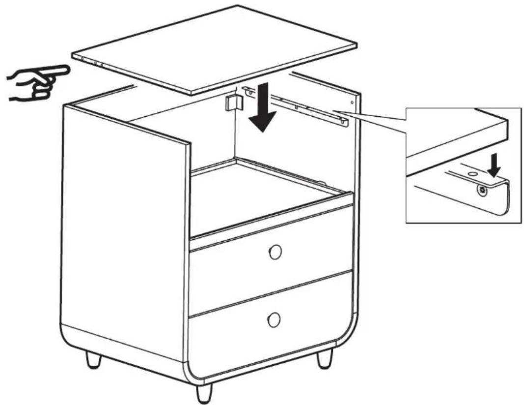 Diagram showing a hand pointing to an open cabinet with a close-up view of the interior panel, highlighting structural changes.