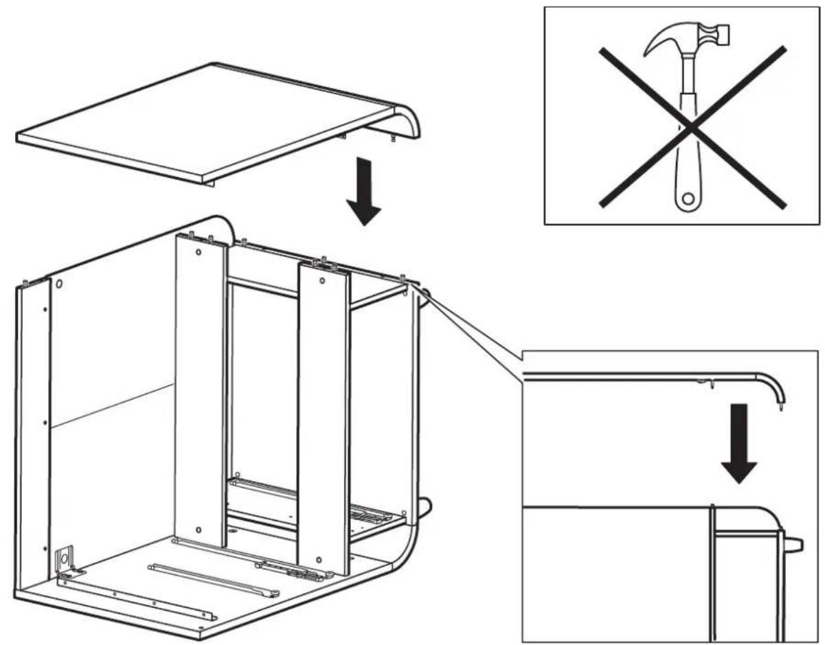 Technical diagram illustrating the installation of a mechanical device with labeled components and hand tools.