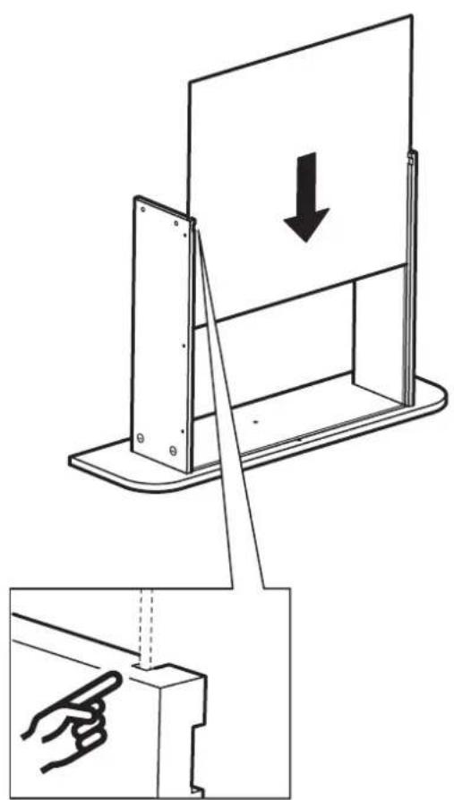 Technical diagram showing a mechanical assembly with a downward arrow and a magnified detail of the component being held by a hand.