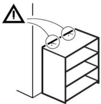 Diagram showing a warning sign above a cabinet with two circular symbols indicating incorrect or incorrect conditions.