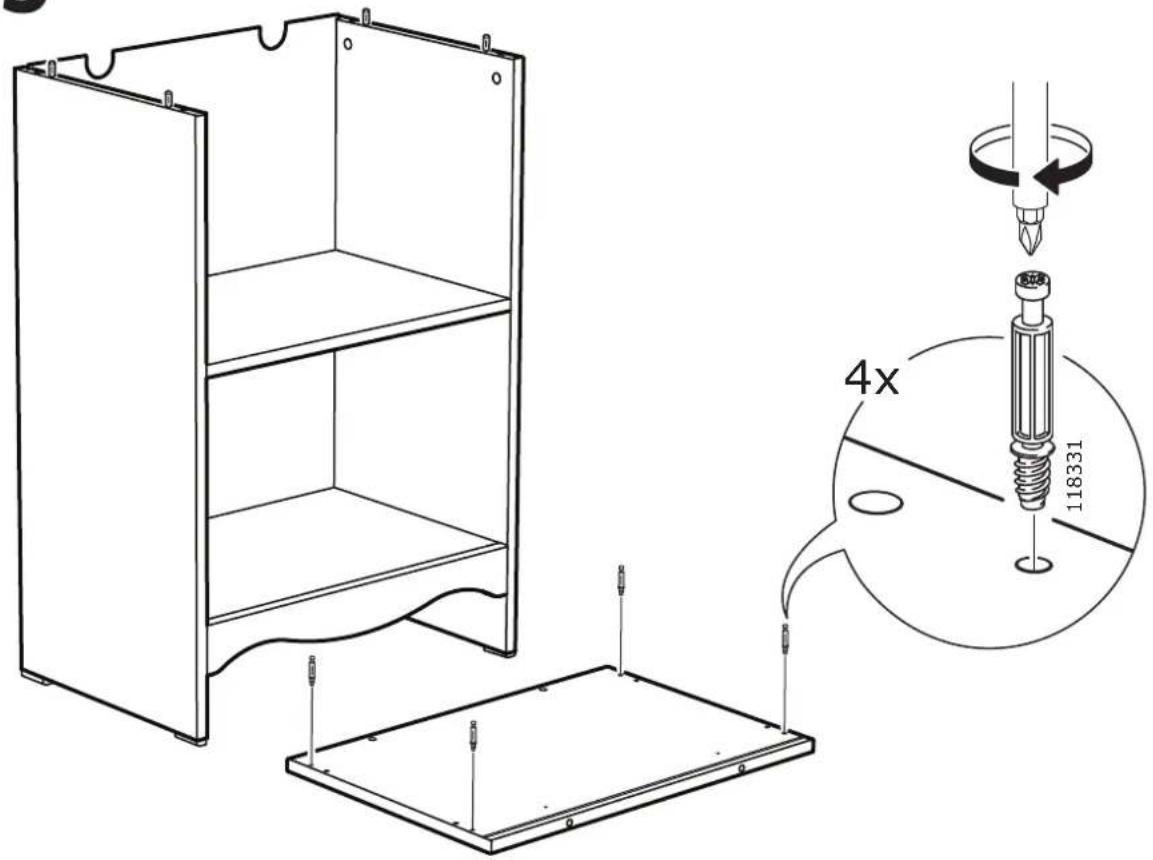 Technical diagram showing a 3D cabinet with screwdriver installation and a magnified view of the 4x ratio of screwdriver to a component labeled 118331.