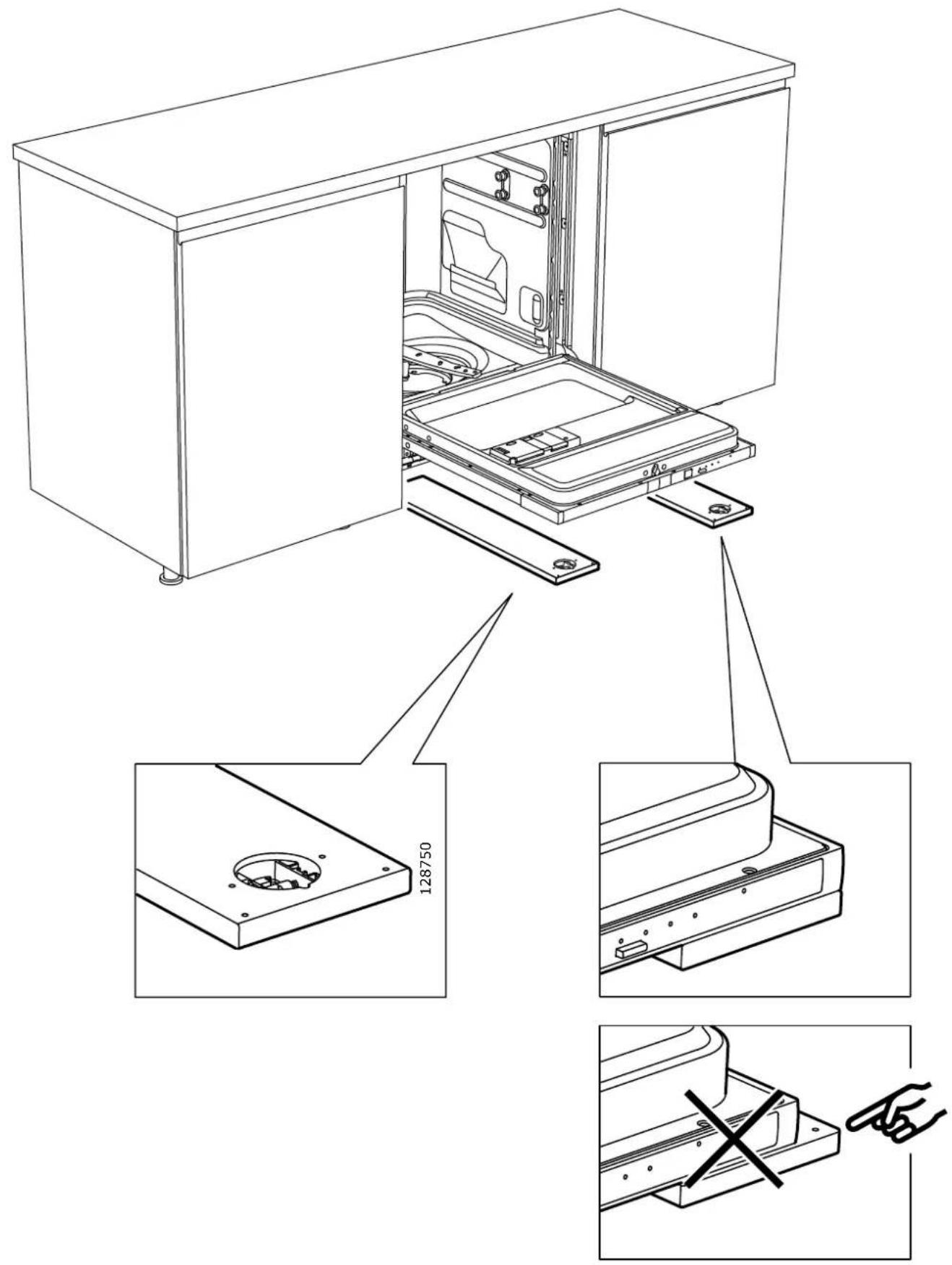Technical diagram showing exploded view of a washing machine with labeled components and a hand gesture indicating disassembly.