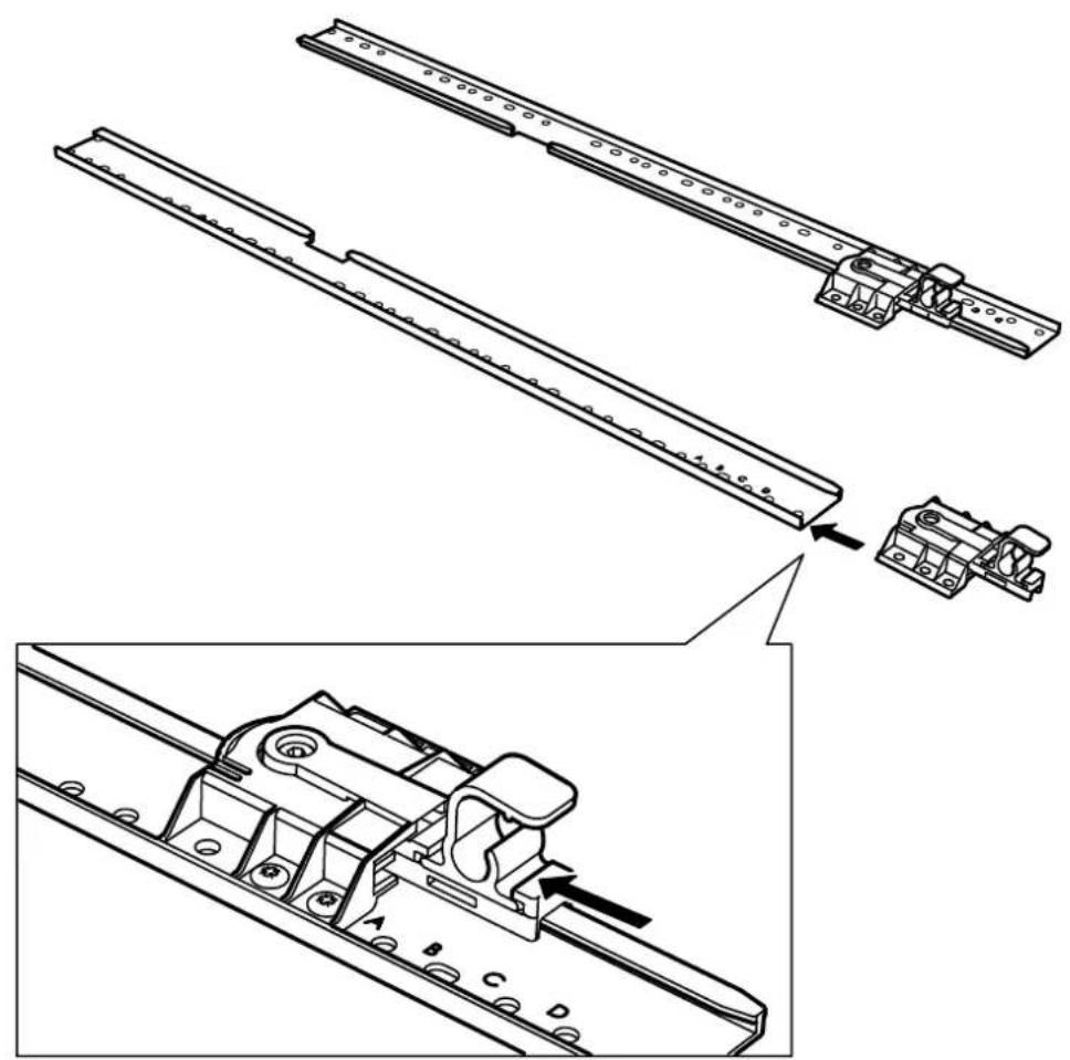 Technical diagram showing assembly steps of a mechanical component with labeled parts A, B, C, D and an inset view of the assembly.