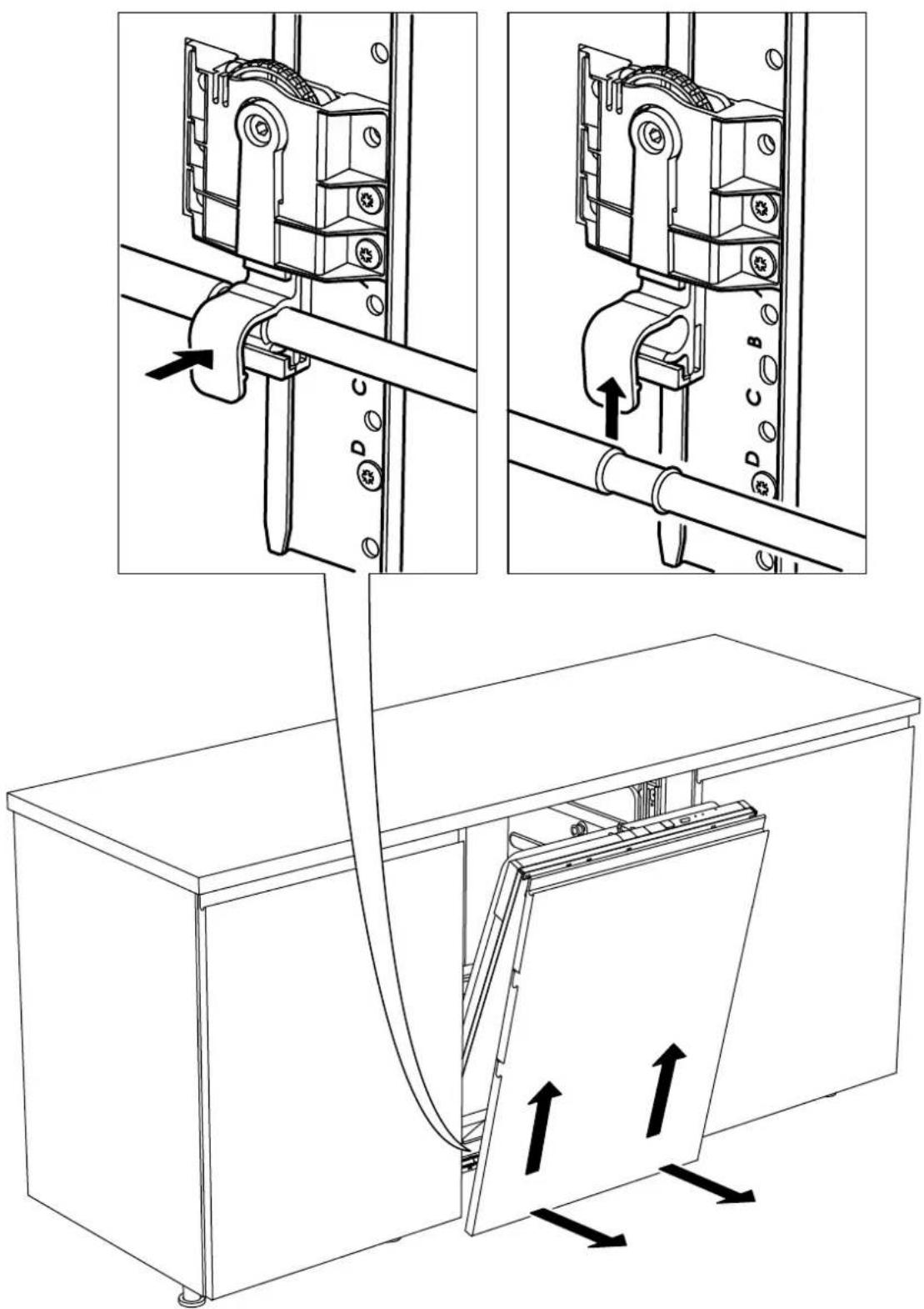 Technical diagram showing mechanical assembly steps with labeled components and directional arrows indicating movement or force.