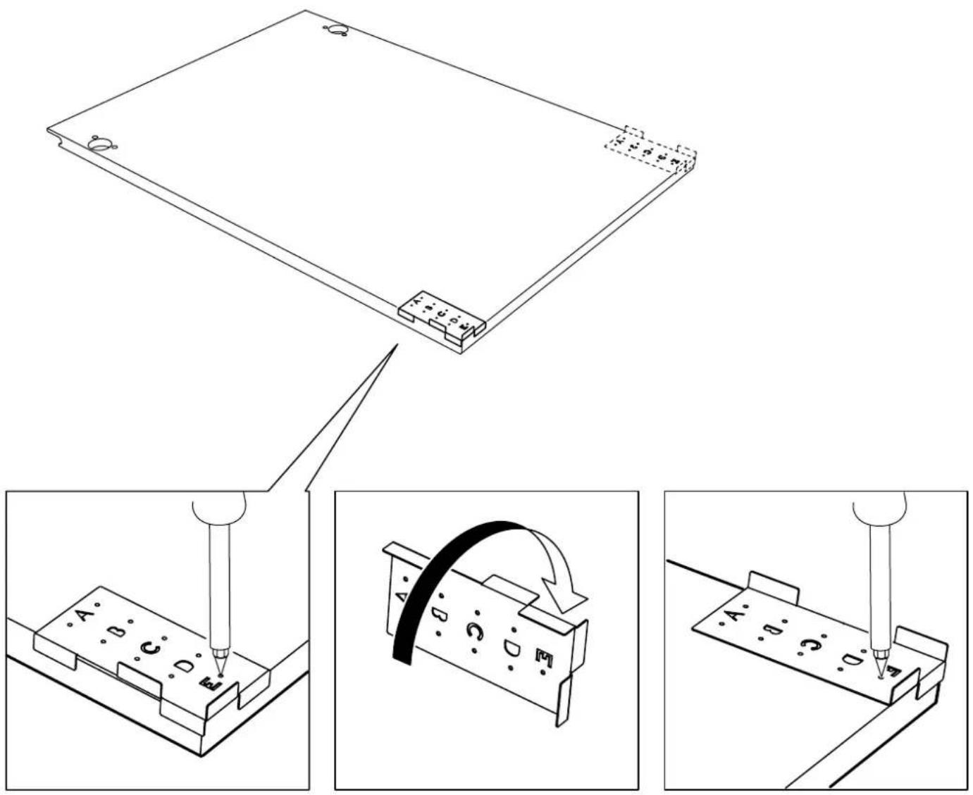 Technical diagram illustrating a mechanical assembly with three stages: cutting, disassembly, and mounting, labeled with component identifiers A through E.