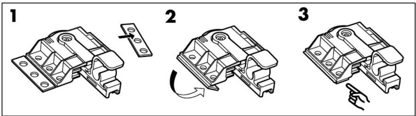 Technical diagram showing three-step assembly steps of a mechanical component, labeled 1, 2, and 3.