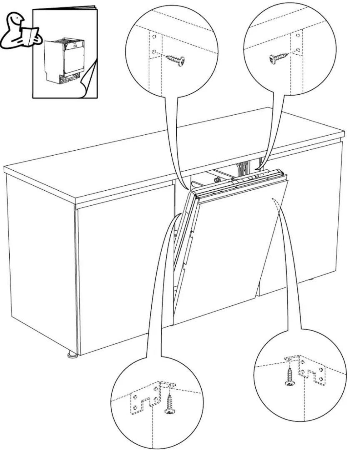 Technical diagram showing assembly of a refrigerator with screw fasteners and mounting brackets, including close-ups of the device.