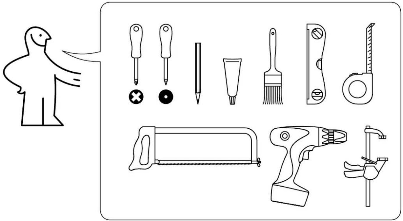 Diagram showing various tools and components including a bird silhouette, screwdriver, pencil, brush, measuring tool, sawing, and power tool.