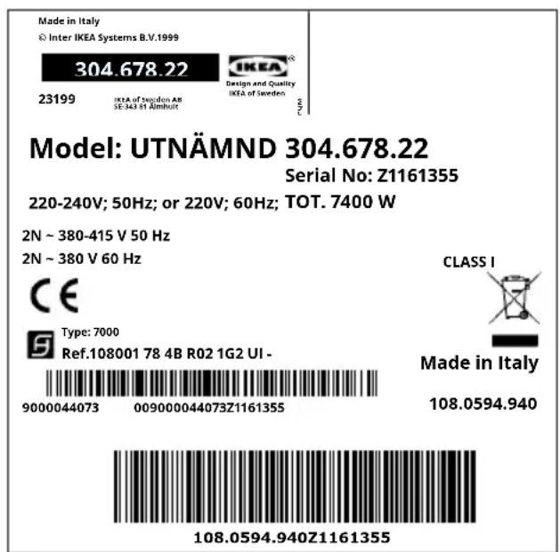Made in Italy © Inter IKEA Systems B.V.1999 304.678.22 23199 IKEA of Sweden AS SE-543 81 Ainhurt Design and Quality IKEA of Sweden Type Model: UTNÄMND 304.678.22 Serial No: Z1161355 220-240V; 50Hz; or 220V; 60Hz; TOT. 7400 W 2N ~ 380-415 V 50 Hz 2N ~ 380 V 60 Hz CLASS I CE Type: 7000 Ref.108001 78 4B R02 1G2 UI - 9000044073 009000044073Z1161355 Made in Italy 108.0594.940 108.0594.940Z1161355