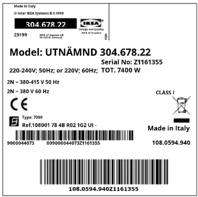 Made in Italy © Inter IKEA Systems B.V.1999 304.678.22 IKEA® Design and Quality IKEA of Sweden 23199 IKEA of Sweden &R SE-543 B1 Almhutt PCM Model: UTNÄMND 304.678.22 Serial No: Z1161355 220-240V; 50Hz; or 220V; 60Hz; TOT. 7400 W 2N ~ 380-415 V 50 Hz 2N ~ 380 V 60 Hz CE Type: 7000 Ref.108001 78 4B R02 1G2 UI - 9000044073 009000044073Z1161355 CLASS I Made in Italy 108.0594.940 108.0594.940Z1161355