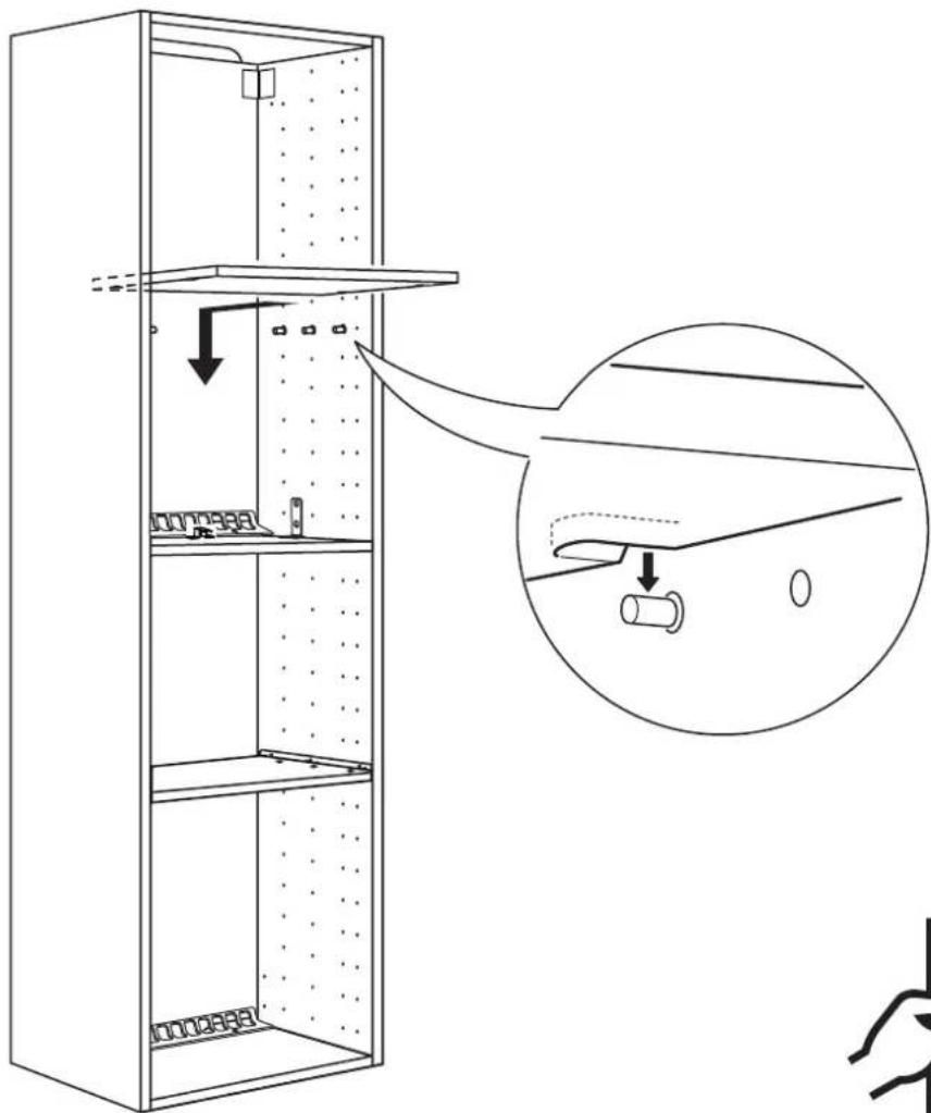 Technical diagram of a multi-level cabinet with labeled components and an inset showing a close-up of the assembly.