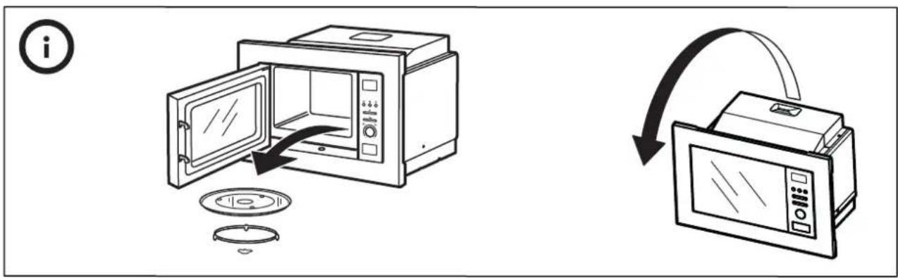 Diagram illustrating microwave oven installation and cooling process, showing open door, disc, and fan with directional arrows