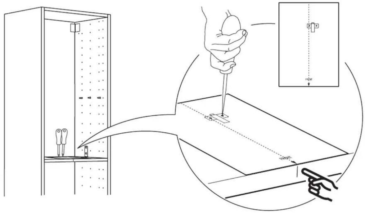 Technical diagram illustrating a door lock operation with hand positioning and control panel insertion steps
