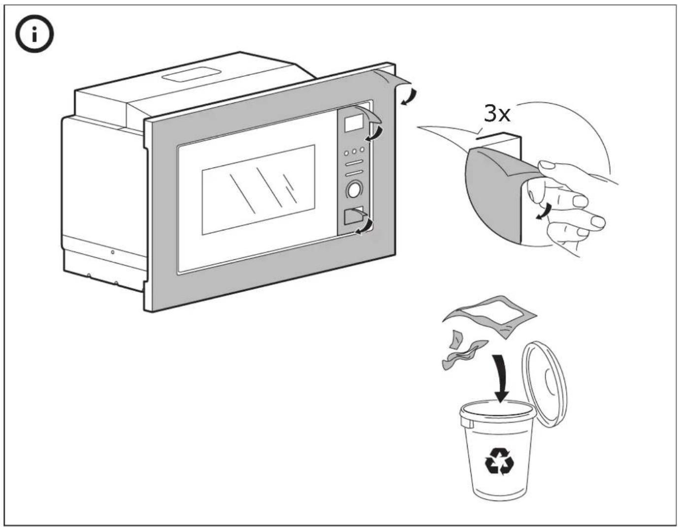 Diagram illustrating a microwave oven operation with a 3x speed limit and recycling bin, showing hand placement and recycling symbol.