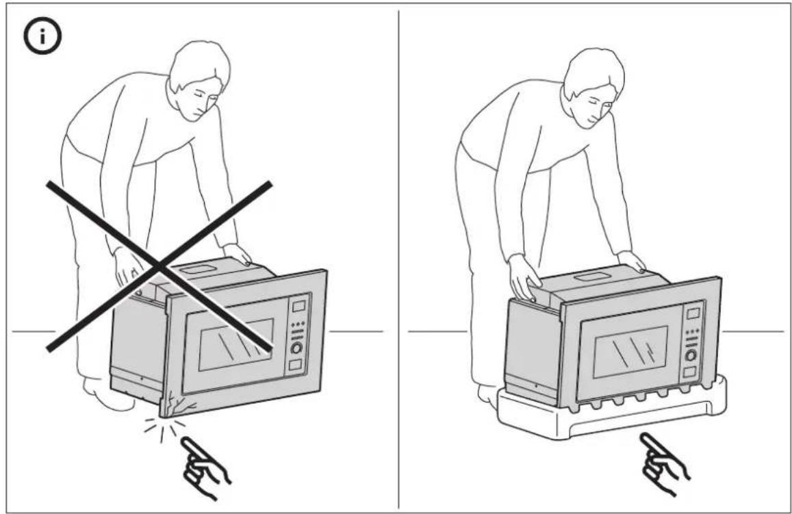 Illustration showing a person using a microwave to clean or adjust equipment, with a diagonal line crossing the screen and a hand pointing at it.
