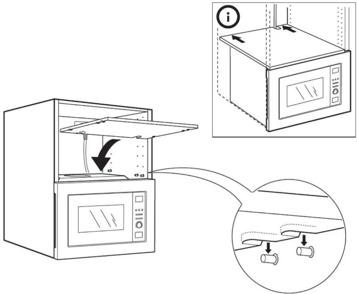 Diagram showing a microwave oven with airflow direction and component insertion, including a close-up of the oven's interior and internal components.