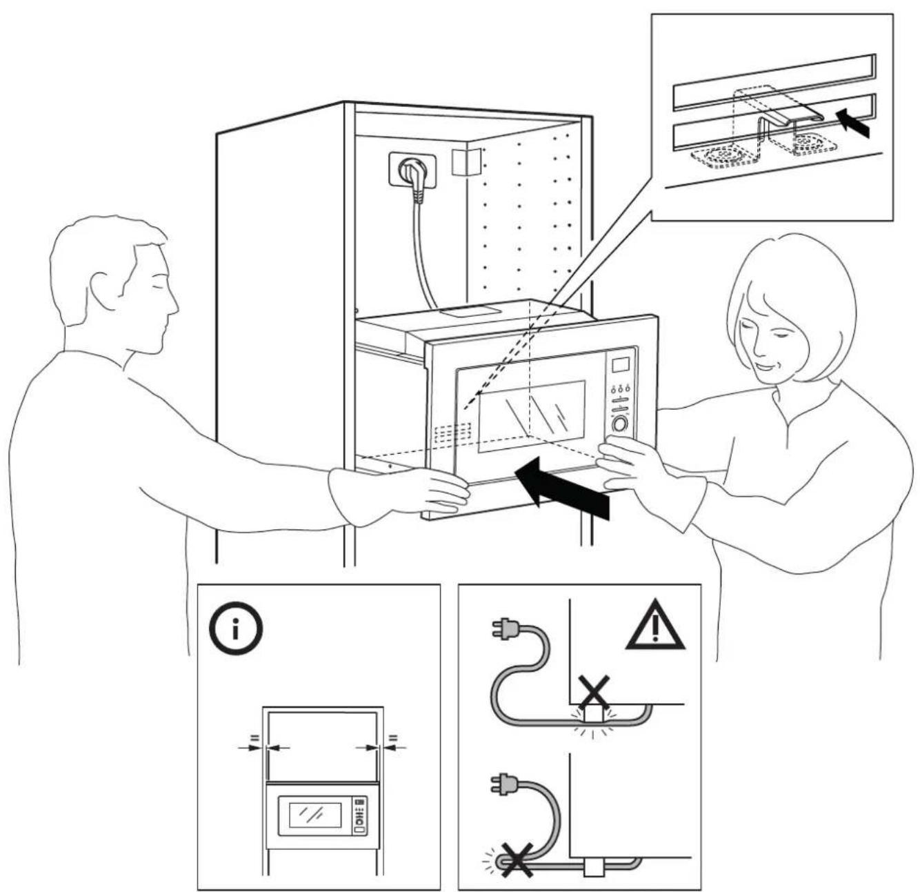 Diagram illustrating microwave oven installation procedure with instructions and safety warning icons
