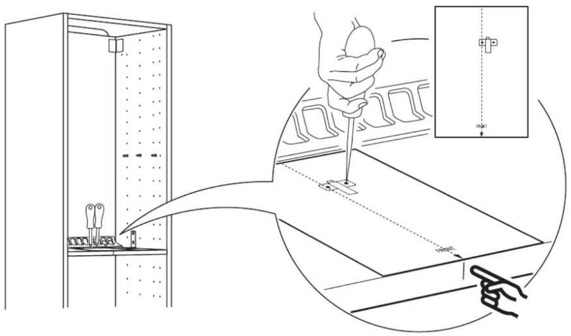 Technical diagram illustrating a door lock mechanism with labeled components and hand positioning instructions