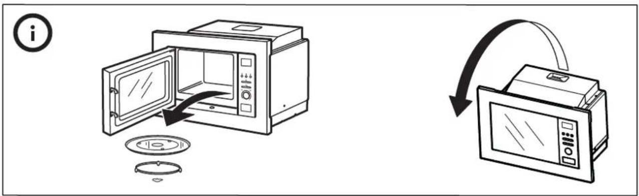 Diagram illustrating the process of removing a microwave oven into a second oven, with labeled parts and directional arrows.