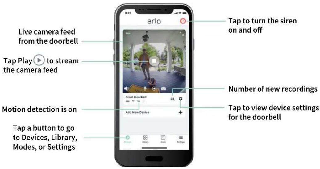 Live camera feed from the doorbell Tap Play to stream the camera feed Motion detection is on Tap a button to go to Devices, Library, Modes, or Settings Tap to turn the siren on and off Number of new recordings Tap to view device settings for the doorbell