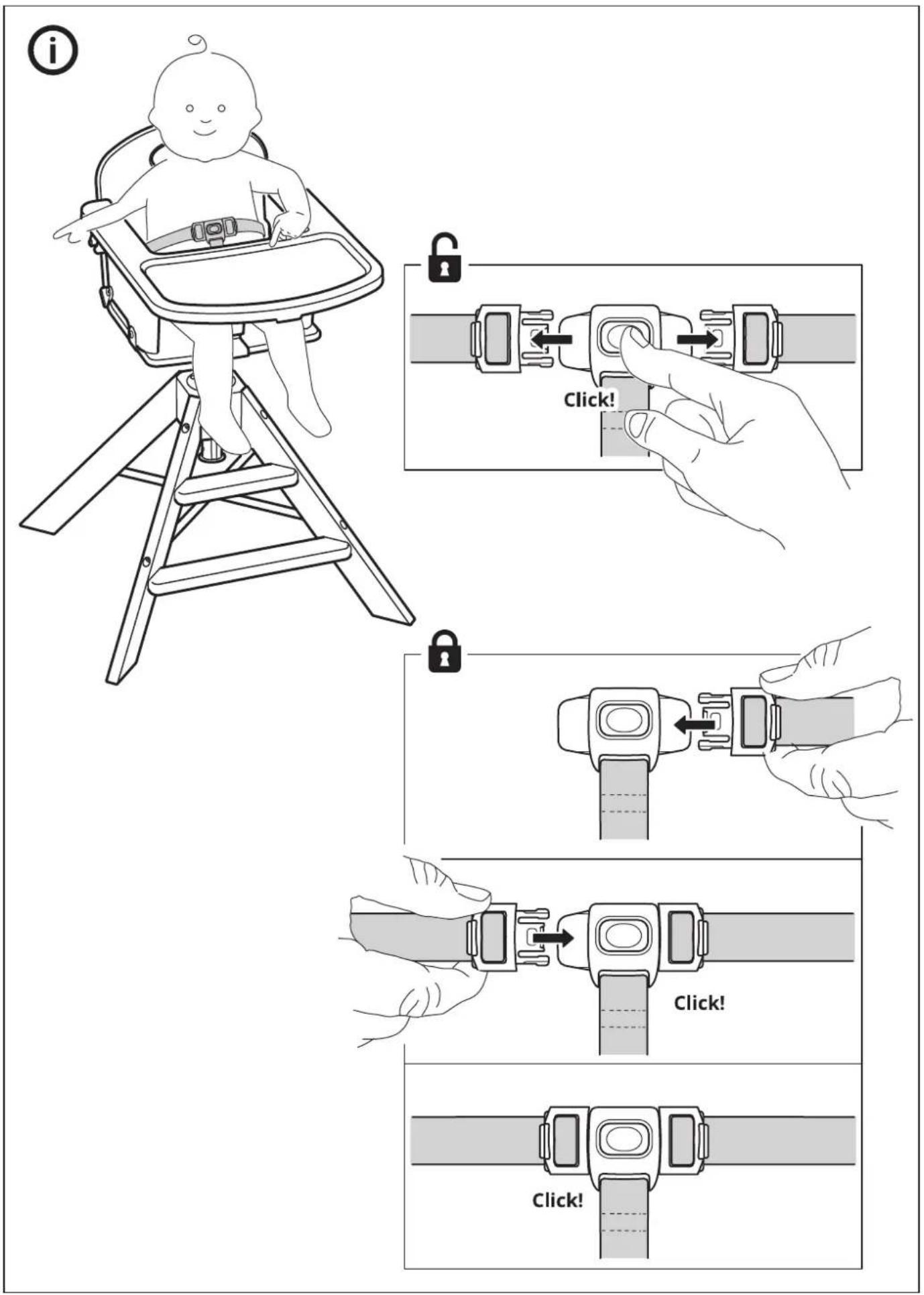 Illustration showing how to adjust a baby's seatbelt, with step-by-step instructions and a baby on the back.