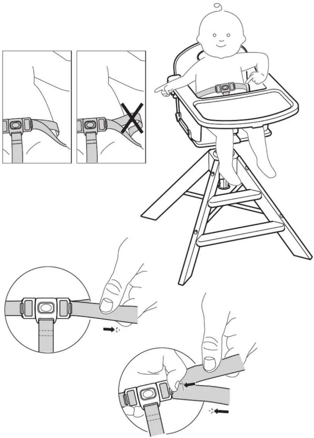 Illustration showing how to adjust a baby's seatbelt using a ladder, with step-by-step instructions in Chinese.