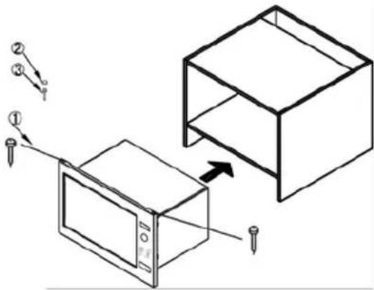 Diagram showing a microwave oven connected to a storage unit with labeled parts and directional arrow
