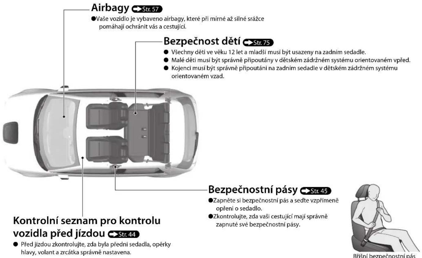 Airbagy Str. 57 • Vaše vozidlo je vybaveno airbagy, které při mírné až silné srážce pomáhají ochránit vás a cestující. Bezpečnost dětí Str. 75 • Všechny děti ve věku 12 let a mladší musí být usazeny na zadním sedadle. • Malé děti musí být správně připoutány v dětském zádržném systému orientovaném vpřed. • Kojenci musí být správně připoutáni na zadním sedadle v dětském zádržném systému orientovaném vzad. Kontrolní seznam pro kontrolu vozidla před jízdou Str. 44 • Před jízdou zkontrolujte, zda byla přední sedadla, opěrky hlavy, volant a zrcátka správně nastavena. Bezpečnostní pásy Str. 45 • Zapněte si bezpečnostní pás a sedte vzpřímeně opření o sedadlo. • Zkontrolujte, zda vaši cestující mají správně zapnuté své bezpečnostní pásy. Břišní bezpečnostní pás