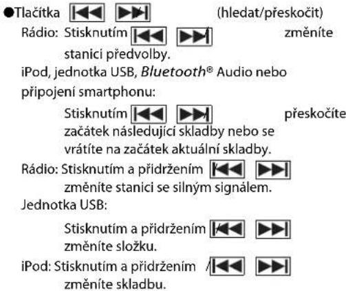 Tlačitka (hledat/přeskočit) Rádio: Stisknutím změníte stanici předvolby. iPod, jednotka USB, Bluetooth® Audio nebo připojení smartphonu: Stisknutím přeskočite začátek následující skladby nebo se vrátíte na začátek aktuální skladby. Rádio: Stisknutím a přidržením změníte stanici se silným signálem. Jednotka USB: Stisknutím a přidržením změníte složku. iPod: Stisknutím a přidržením změníte skladbu.