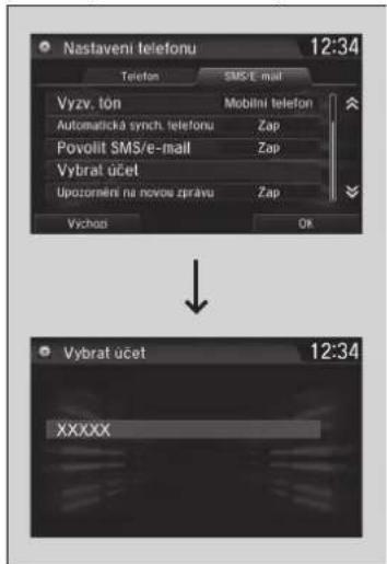 Nastaveni telefonu 12:34 Telefon SMS/E-mail Vyzv. lón Mobilni telefon Automatická synch. telefonu Zap Povolit SMS/e-mail Zap Vybrat účet Upozomění na novos zprávu Zap Výchost OK Vybrat účet 12:34 XXXXX