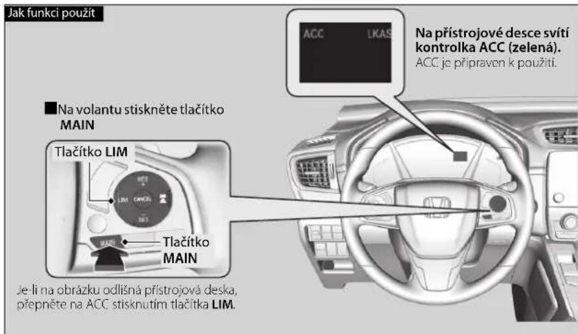 Jak funkci použít ■ Na volantu stiskněte tlačítko MAIN Tlačítko LIM Tlačítko MAIN Je li na obrázku odlišná prístrojová deska, přepněte na ACC stisknutím tlačítka LIM. ACC LKAS Na prístrojové desce svítí kontrolka ACC (zelená). ACC je připraven k použití.