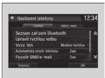 Nastaveni telefonu 12:34 Telefon SMS/e-mail Seznan zařízení Bluetooth Upravit rychlou volbu Vyzv. fon Mobini telefon Automáčka synch. telefonu Zap Povolit SMS/e-mail Zap Vychos OK
