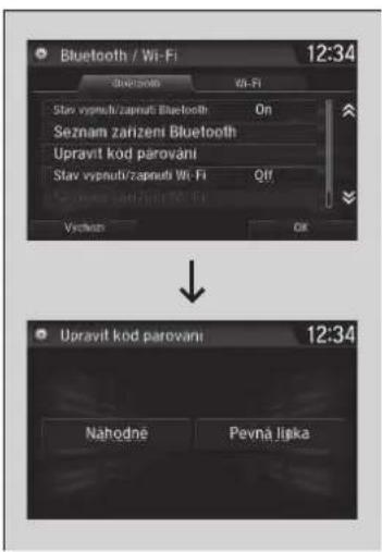 Bluetooth / Wi-Fi 12:34 Star vypná/zapná/ Bluetooth On Seznam zarízení Bluetooth Upravit kod parování Star vypná/zapná/ Wi-Fi Qff Vychnost OK Upravit kod parování 12:34 Nahodné Pevná Ijiska