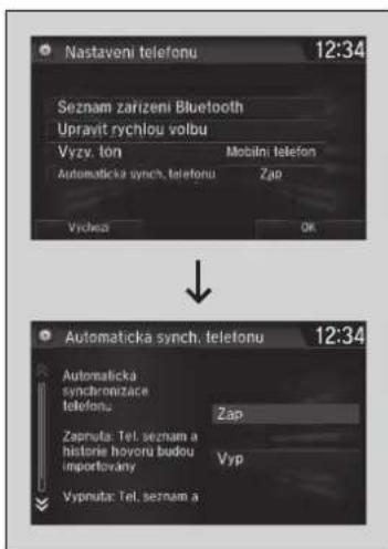 Nastaveni telefonu 12:34 Seznam zarizeni Bluetooth Upravit rychlou volbu Vyzy, lon Mobilni telefon Automaticka synch, telefonu Zap Vrzeča OK Automaticka synch, telefonu 12:34 Automaticka synchronizace telefonu Zap Zapruta: Tel. seznam a historie hovoru budou importovaný Vyp Vypnuta: Tel. seznam a