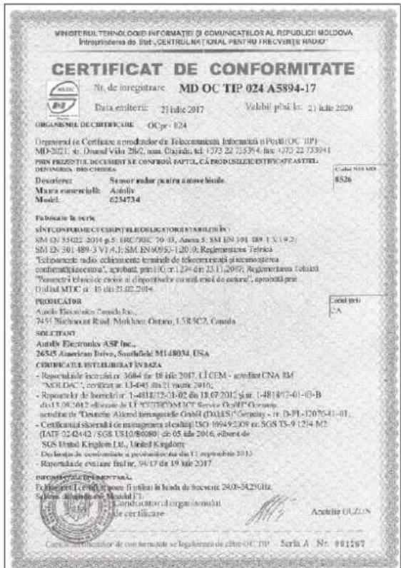 MINTERUL TECHNOLOGIE INFORMATI (I) COMUNICATILOS AL REPUBLICII MOLDOVA Intragsidena do S##t, CENTRULNIZIAL PENTRU PRECUEITU HUND. CERTIFICAT DE CONFORMITATE Nr. de inregistrare: MD OC TIP 024 A5894-17 Data emitire: 21 julie 2017 Valebil prist #: 21 julie 2020 ORGANESTE DE CRITERICARE - OC#p: 024 Organierul de Certificare acondender de Telecomunicati Informatia i Posto (OC JIP) MD-2021; st. D###d Vila 2k62, n##. Cazidin, tel: 1723 22 75394, tel: 1723 22 753941 PRIN PRECUSTIL DOCUMENT SE CONFIRUIS BAPTIL, CA PRODUCILE DIETRICO/ASTEL, DENOMES DISCHURIS Descrivieri: Sensor radar pentru autave bindus Mura comercials: Autoliv Model: 6234734 Fabrice de servizi SINTCONFEICHE CHERNIELEDIGATORISTABLIEN: SM EN 354022 2016 p.s. IRC/REC 70-33, Anova S SM EN 391-180 1 X 19-2 SM EN 301-889-3 V1-AJ SM EN 90953-120-0. Reglementeze Telrava "Tabramare radio acelamente terminale de telecomunicati i precunezione conformaticcstora", aprobati prei 100 cr. 124 dr. 23 11.2017; Reglementarea totala "Parametrici briebe ceceu al deprotreche con rial rial de antrare", aprobati prei Orifid MTG cr. 10 din 25.02.2014. PROHICATOR Aurile Electronic Canada Inc. 7451 Schichoust Road, Markham Ontario, LSR SC2, Canada SELECTANT Autily Electronic ASP Inc., 26515 American USA, Southside MI 480M4, USA CRITERICATE INTRELLIGAT IVRAZA - Replicatiale speciatr cr. 3684 de 18 bis 2017, LI CEM - acredite CNA RM "NOLDA", certificar cr. LI-645 din 21 nurne 2010; - Replicatier de betecirler: 1-481817-31-02 de 18.07.2017 cuir. I-481807-01-10-B dr.13.06.2012 abenerale la VI CITICIOMT Service Group Of Germany acendite de Deutsche Altered immateriale GmbH (DALRS) Germany - nr. D-PL-12075-41-01; - Certificarial severali di managementi attingi ISO 16949.2.09 nr. SGS TS-9.12/4 M2 (IATF 02.42442 /SGS US10/8080) d# 05 da 2016, oberta de SGS United Kingdom Ltd., United Kingdom De laotnia di condensate a proventazione da lii segetative 2013; Reportionali evitare finir nr. 96/17 dr. 19 julie 2017 NOROSO ELENTINA LEONARIA, Fisignerli L.C.E.P.I.pore li utilizzai in brada de incovente 26/0-34.29 GHz, Sotere eleganda de Measal D'I L'Leffei e landucionali organismatul de certificare Anadine OLZUN Caprice acondricaler de con formatiche se leguaționa de citre OC JIP Seria A Nr. 001507