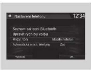 Nastaveni telefonu 12:34 Seznam zarizeni Bluetooth Upravit rychlou volbu Vyzv. ton Moblini telefon Automaticka synch. telefonu Zap Vrbcets OK