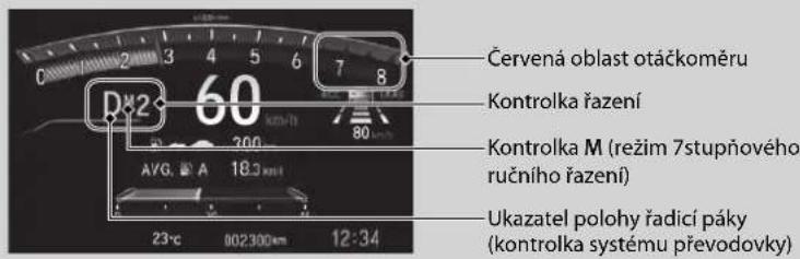 Červená oblast otačkoměru Kontrolka řazení Kontrolka M (režim 7stupňového ručního řazení) Ukazatel polohy řadicí páky (kontrolka systému převodovky)