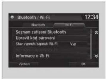 Bluetooth / Wi-Fi 12:34 Bluetooth Seznam zarizeni Bluetooth Upravit kod parovani Stav vypnut/zapnut Wi-Fi Vyp Spectro zarizeni Wi-Fi Informace o Wi-Fi Vychona OK