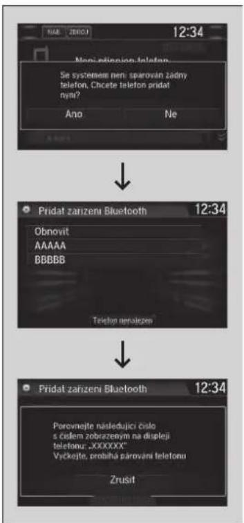 12:34 Musi adionon telatom. Se systemem nen: sparován žadny telefon, Chcete telefon pridat nym? Ano Ne Pridat zarizeni Bluetooth 12:34 Obnovit AAAAA BBBBB Telefon nervačen Pridat zarizeni Bluetooth 12:34 Porovnejte nasledující číslo s čislem zobrazenym na displeji telefonu: „XXXXXXXX” Vyčkejte, probihá párování telefonu Zrusit