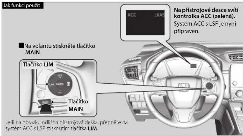 Jak funkci použít ■ Na volantu stiskněte tlačitko MAIN Tlačitko LIM LIM CANOS Tlačitko MAIN Na prístrojové desce svítí kontrolka ACC (zelená). Systém ACC s LSF je nyní připraven. Je li na obrázku odlišná prístrojová deska, přepněte na systém ACC s LSF stisknutím tlačitka LIM.