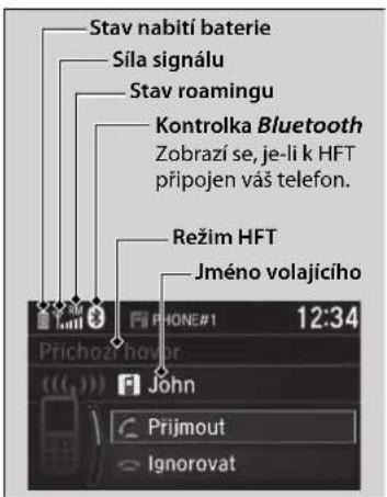 Stav nabití baterie Sila signálu Stav roamingu Kontrolka Bluetooth Zobrazí se, je-li k HFT připojen váš telefon. Režim HFT Jméno volajícího Přichozň hovupr (<<)) John Přijmout Ignorovat 12:34